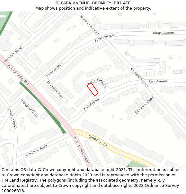 9, PARK AVENUE, BROMLEY, BR1 4EF: Location map and indicative extent of plot