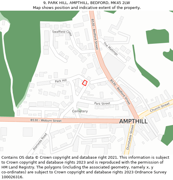 9, PARK HILL, AMPTHILL, BEDFORD, MK45 2LW: Location map and indicative extent of plot