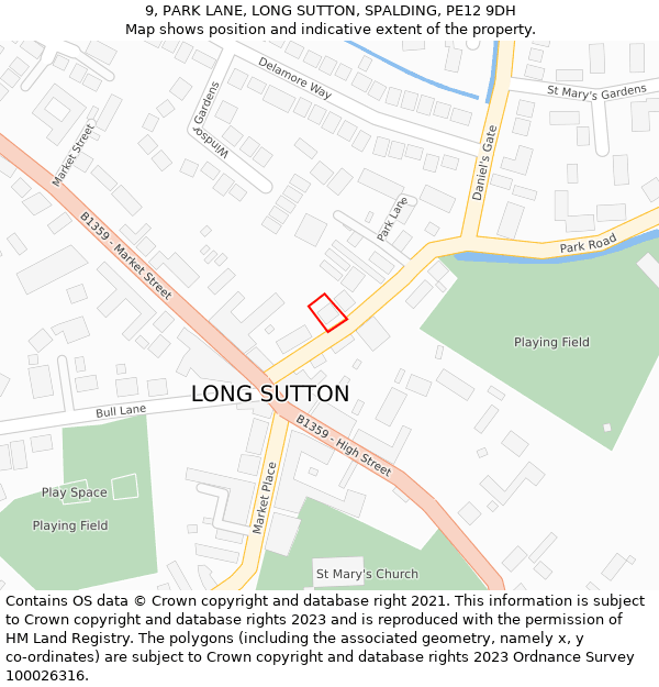 9, PARK LANE, LONG SUTTON, SPALDING, PE12 9DH: Location map and indicative extent of plot