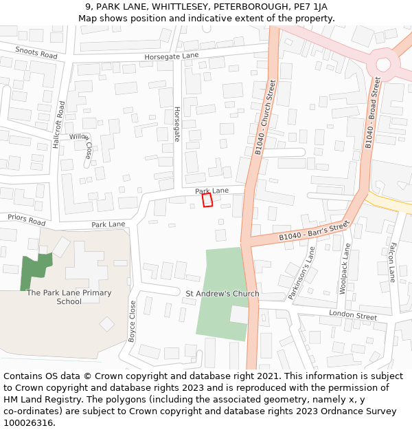 9, PARK LANE, WHITTLESEY, PETERBOROUGH, PE7 1JA: Location map and indicative extent of plot