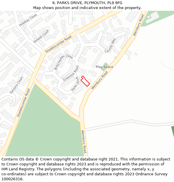 9, PARKS DRIVE, PLYMOUTH, PL9 9FG: Location map and indicative extent of plot