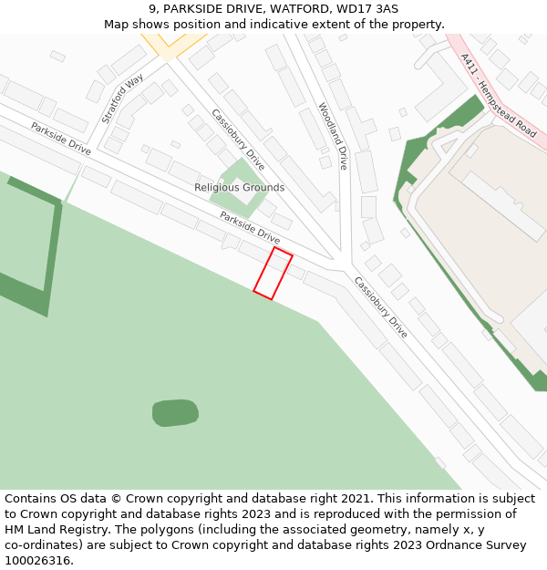 9, PARKSIDE DRIVE, WATFORD, WD17 3AS: Location map and indicative extent of plot