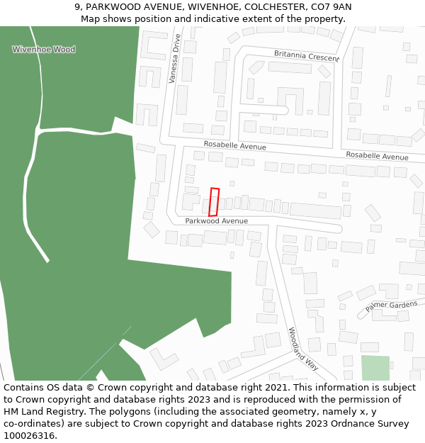9, PARKWOOD AVENUE, WIVENHOE, COLCHESTER, CO7 9AN: Location map and indicative extent of plot
