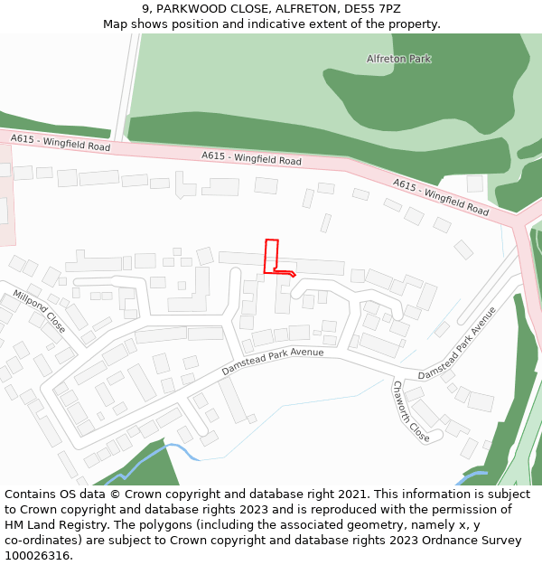 9, PARKWOOD CLOSE, ALFRETON, DE55 7PZ: Location map and indicative extent of plot