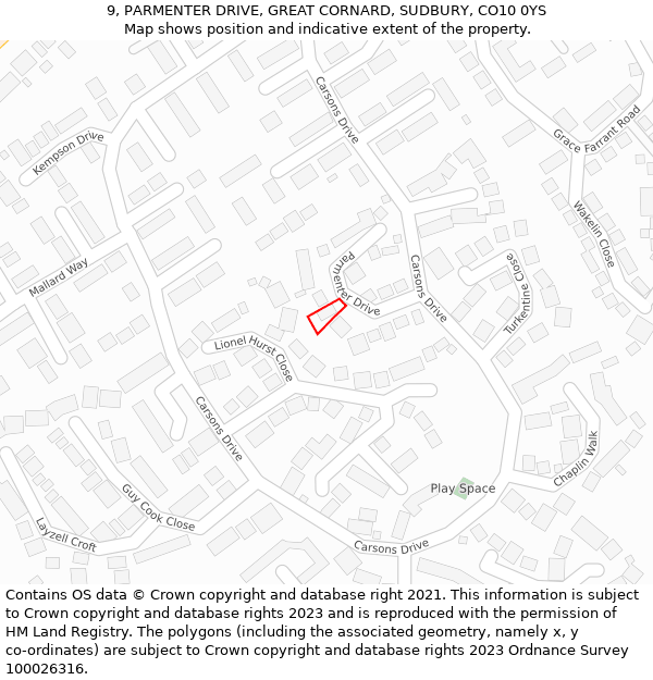 9, PARMENTER DRIVE, GREAT CORNARD, SUDBURY, CO10 0YS: Location map and indicative extent of plot