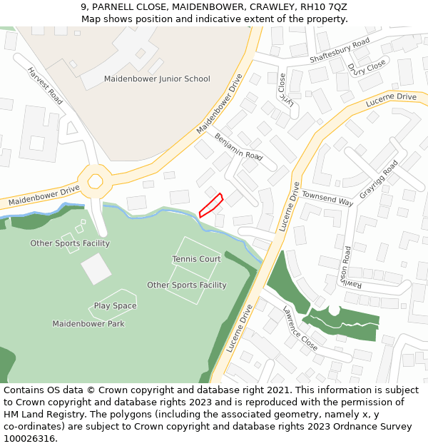 9, PARNELL CLOSE, MAIDENBOWER, CRAWLEY, RH10 7QZ: Location map and indicative extent of plot