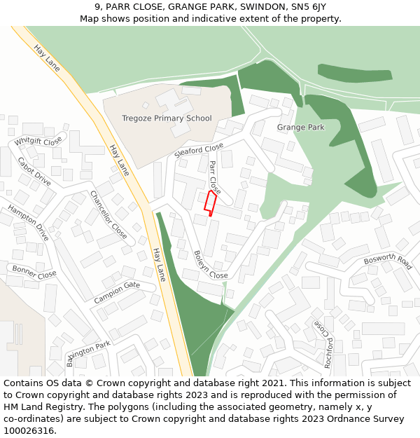 9, PARR CLOSE, GRANGE PARK, SWINDON, SN5 6JY: Location map and indicative extent of plot