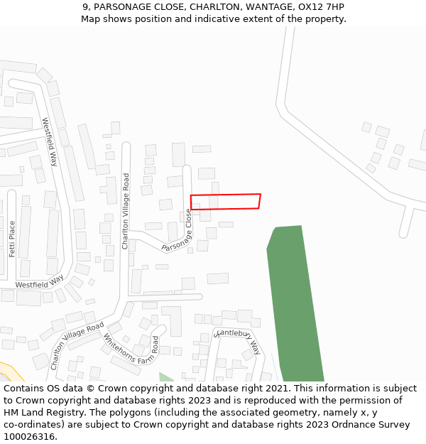 9, PARSONAGE CLOSE, CHARLTON, WANTAGE, OX12 7HP: Location map and indicative extent of plot