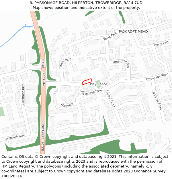 9, PARSONAGE ROAD, HILPERTON, TROWBRIDGE, BA14 7UD: Location map and indicative extent of plot