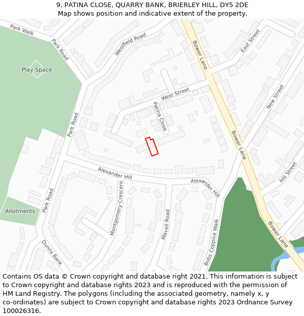 9, PATINA CLOSE, QUARRY BANK, BRIERLEY HILL, DY5 2DE: Location map and indicative extent of plot