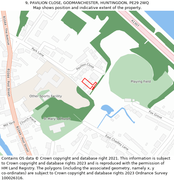 9, PAVILION CLOSE, GODMANCHESTER, HUNTINGDON, PE29 2WQ: Location map and indicative extent of plot