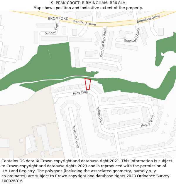 9, PEAK CROFT, BIRMINGHAM, B36 8LA: Location map and indicative extent of plot