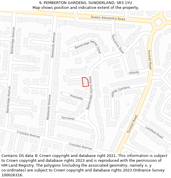 9, PEMBERTON GARDENS, SUNDERLAND, SR3 1YU: Location map and indicative extent of plot