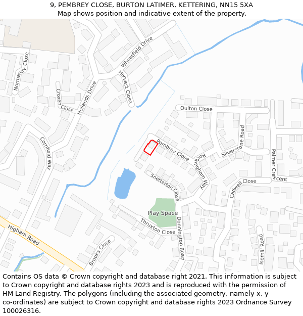 9, PEMBREY CLOSE, BURTON LATIMER, KETTERING, NN15 5XA: Location map and indicative extent of plot