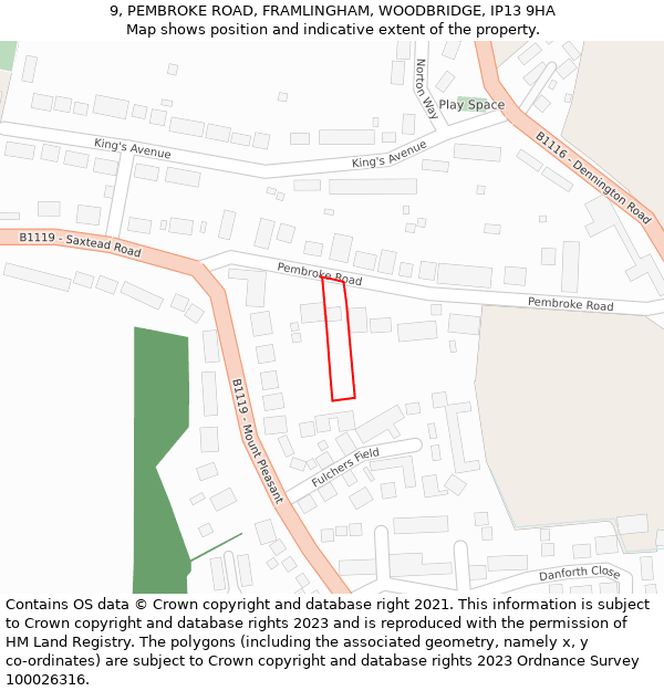 9, PEMBROKE ROAD, FRAMLINGHAM, WOODBRIDGE, IP13 9HA: Location map and indicative extent of plot