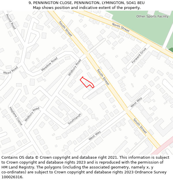 9, PENNINGTON CLOSE, PENNINGTON, LYMINGTON, SO41 8EU: Location map and indicative extent of plot