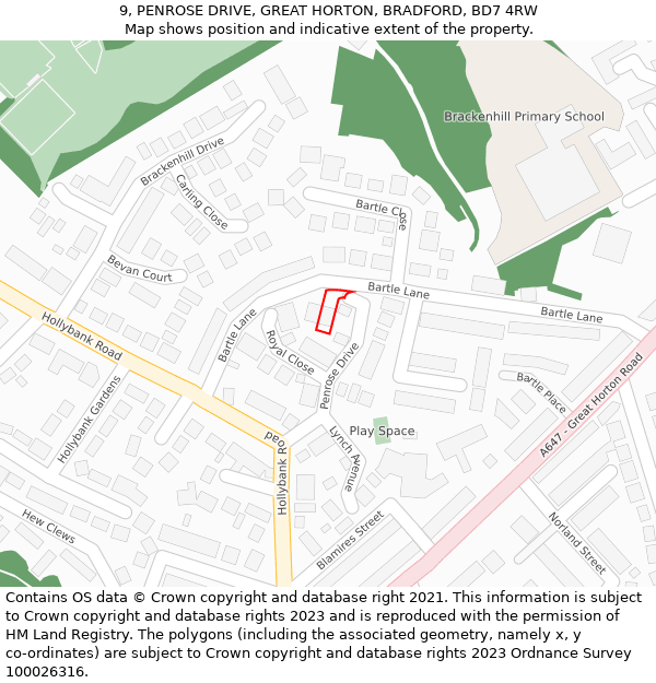 9, PENROSE DRIVE, GREAT HORTON, BRADFORD, BD7 4RW: Location map and indicative extent of plot