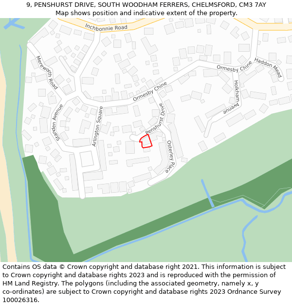 9, PENSHURST DRIVE, SOUTH WOODHAM FERRERS, CHELMSFORD, CM3 7AY: Location map and indicative extent of plot