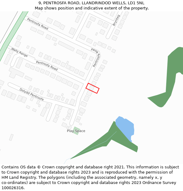 9, PENTROSFA ROAD, LLANDRINDOD WELLS, LD1 5NL: Location map and indicative extent of plot