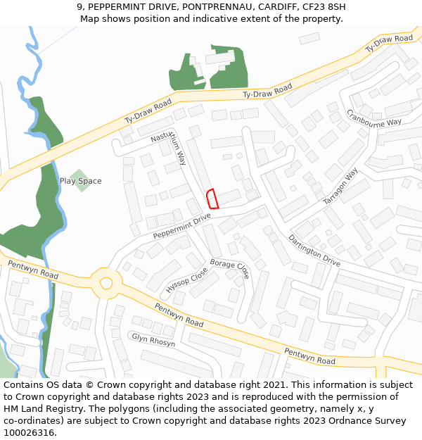 9, PEPPERMINT DRIVE, PONTPRENNAU, CARDIFF, CF23 8SH: Location map and indicative extent of plot