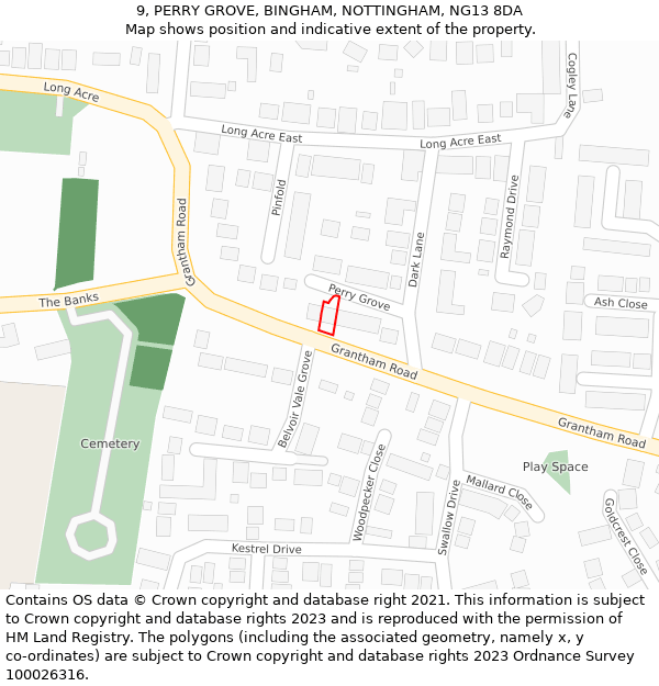 9, PERRY GROVE, BINGHAM, NOTTINGHAM, NG13 8DA: Location map and indicative extent of plot