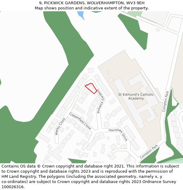 9, PICKWICK GARDENS, WOLVERHAMPTON, WV3 9EH: Location map and indicative extent of plot