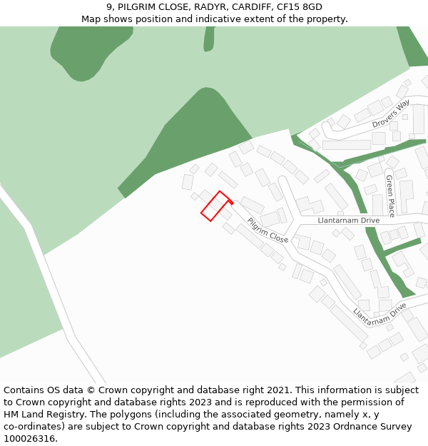 9, PILGRIM CLOSE, RADYR, CARDIFF, CF15 8GD: Location map and indicative extent of plot
