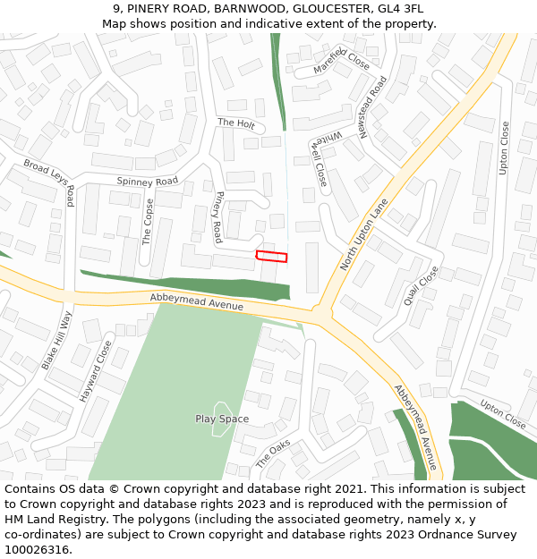 9, PINERY ROAD, BARNWOOD, GLOUCESTER, GL4 3FL: Location map and indicative extent of plot