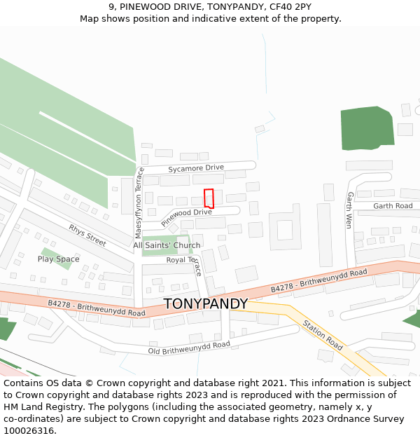 9, PINEWOOD DRIVE, TONYPANDY, CF40 2PY: Location map and indicative extent of plot