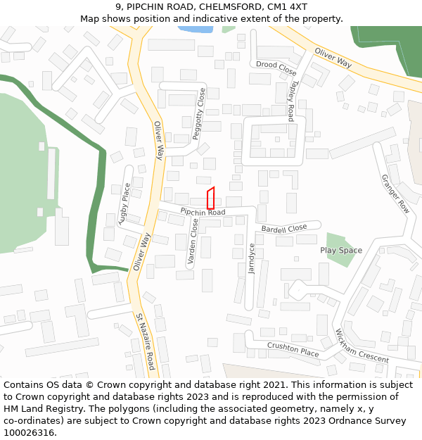 9, PIPCHIN ROAD, CHELMSFORD, CM1 4XT: Location map and indicative extent of plot