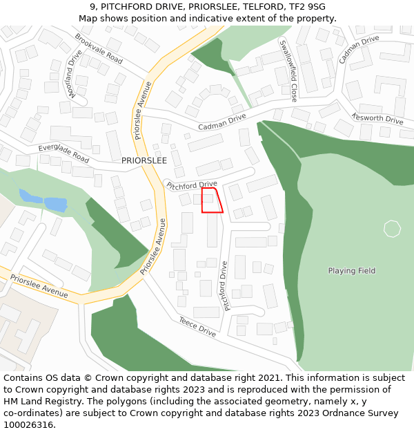9, PITCHFORD DRIVE, PRIORSLEE, TELFORD, TF2 9SG: Location map and indicative extent of plot