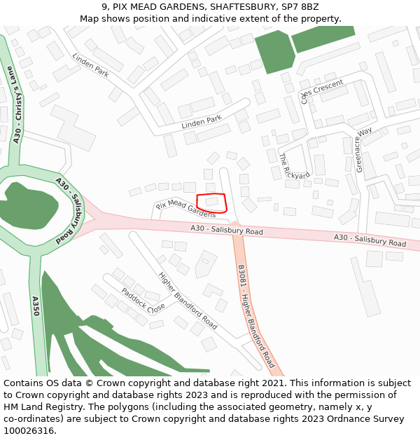 9, PIX MEAD GARDENS, SHAFTESBURY, SP7 8BZ: Location map and indicative extent of plot