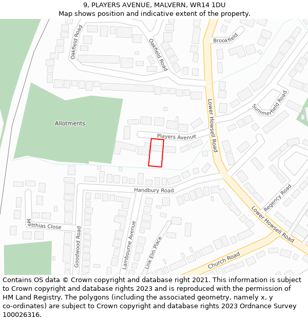 9, PLAYERS AVENUE, MALVERN, WR14 1DU: Location map and indicative extent of plot