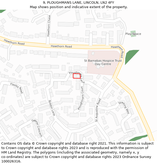 9, PLOUGHMANS LANE, LINCOLN, LN2 4FY: Location map and indicative extent of plot