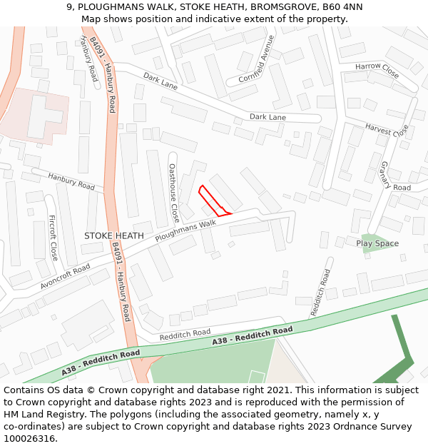 9, PLOUGHMANS WALK, STOKE HEATH, BROMSGROVE, B60 4NN: Location map and indicative extent of plot