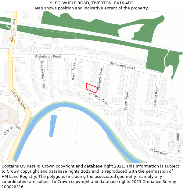 9, POLWHELE ROAD, TIVERTON, EX16 4EG: Location map and indicative extent of plot