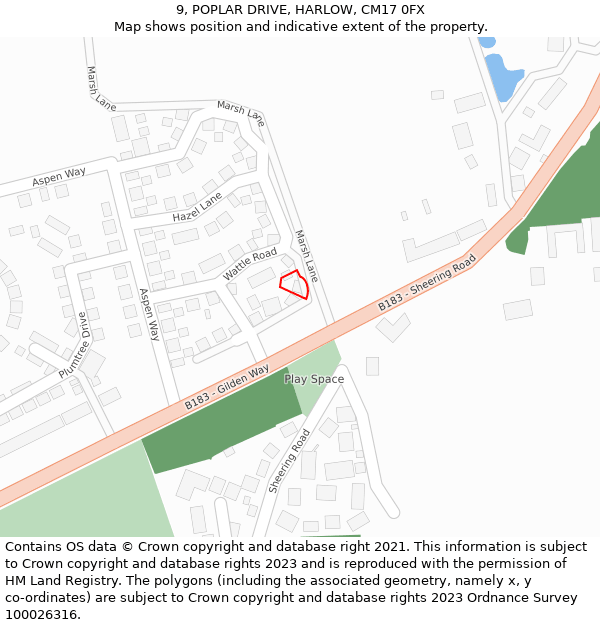 9, POPLAR DRIVE, HARLOW, CM17 0FX: Location map and indicative extent of plot