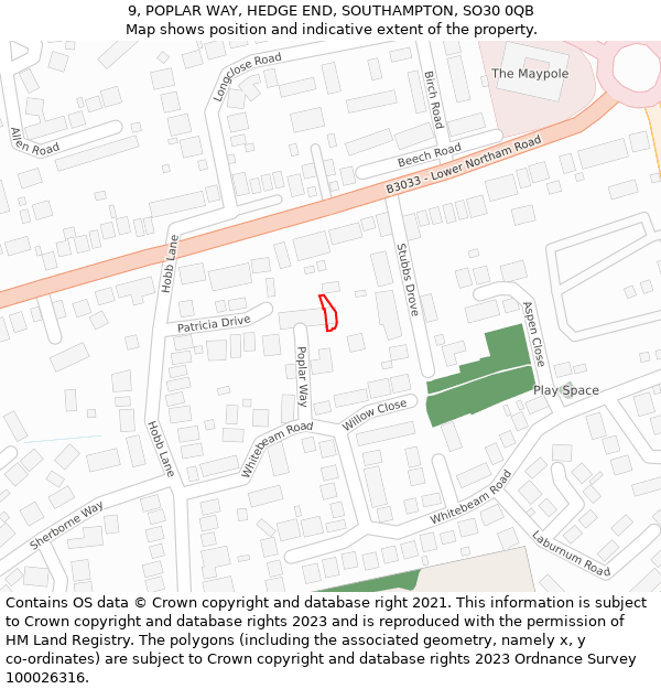 9, POPLAR WAY, HEDGE END, SOUTHAMPTON, SO30 0QB: Location map and indicative extent of plot