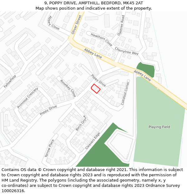 9, POPPY DRIVE, AMPTHILL, BEDFORD, MK45 2AT: Location map and indicative extent of plot