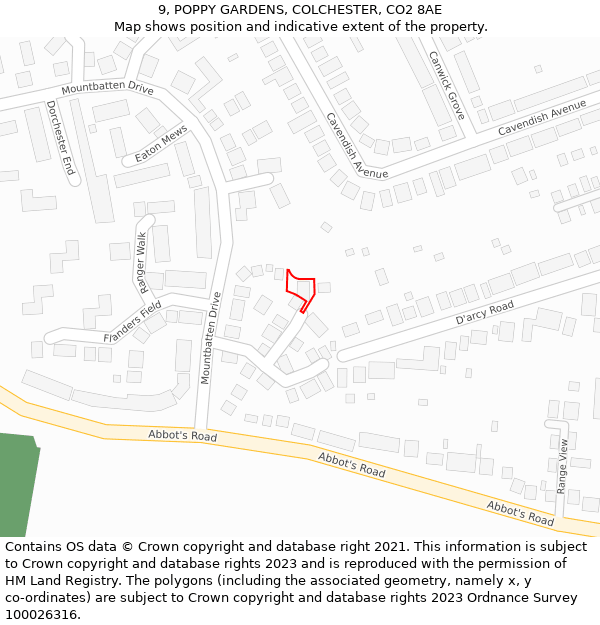 9, POPPY GARDENS, COLCHESTER, CO2 8AE: Location map and indicative extent of plot