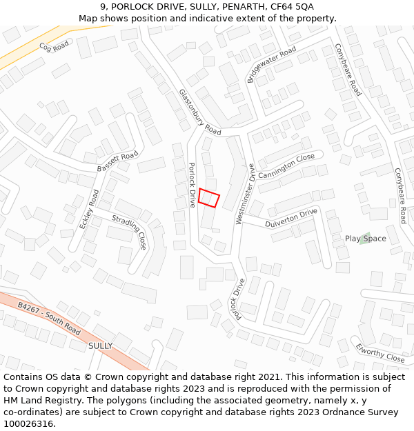 9, PORLOCK DRIVE, SULLY, PENARTH, CF64 5QA: Location map and indicative extent of plot