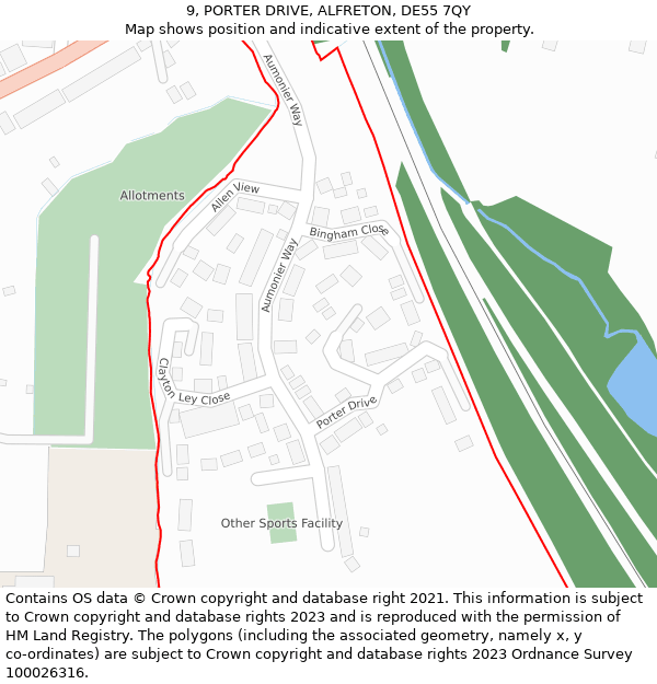 9, PORTER DRIVE, ALFRETON, DE55 7QY: Location map and indicative extent of plot