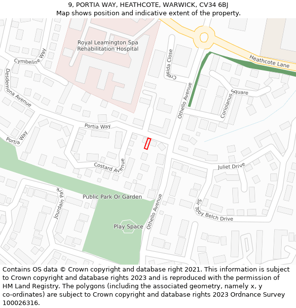 9, PORTIA WAY, HEATHCOTE, WARWICK, CV34 6BJ: Location map and indicative extent of plot