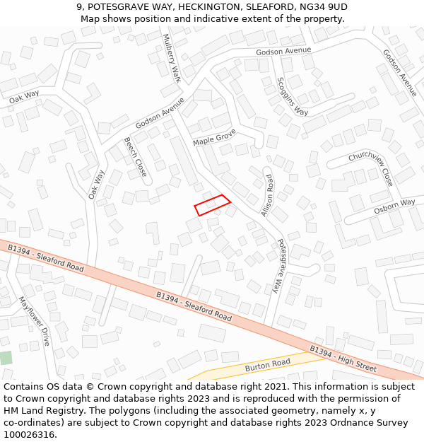 9, POTESGRAVE WAY, HECKINGTON, SLEAFORD, NG34 9UD: Location map and indicative extent of plot