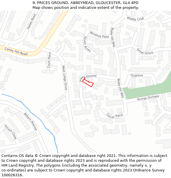 9, PRICES GROUND, ABBEYMEAD, GLOUCESTER, GL4 4PD: Location map and indicative extent of plot