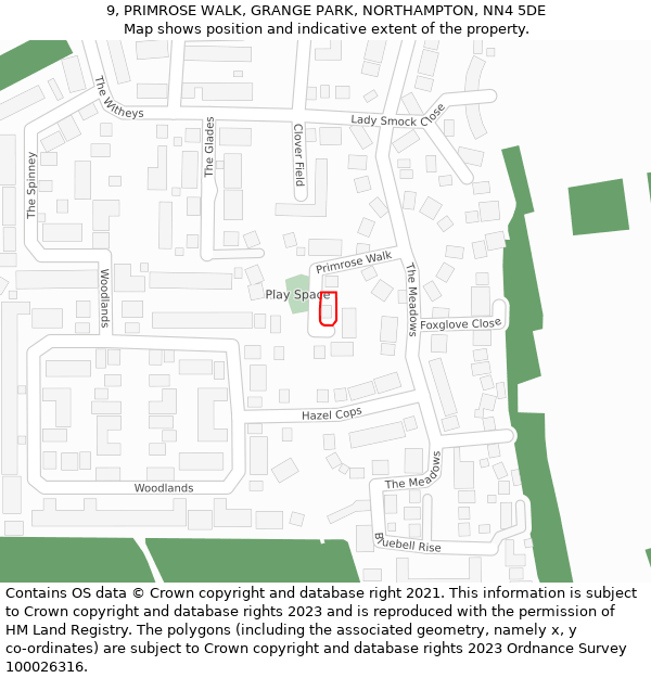 9, PRIMROSE WALK, GRANGE PARK, NORTHAMPTON, NN4 5DE: Location map and indicative extent of plot