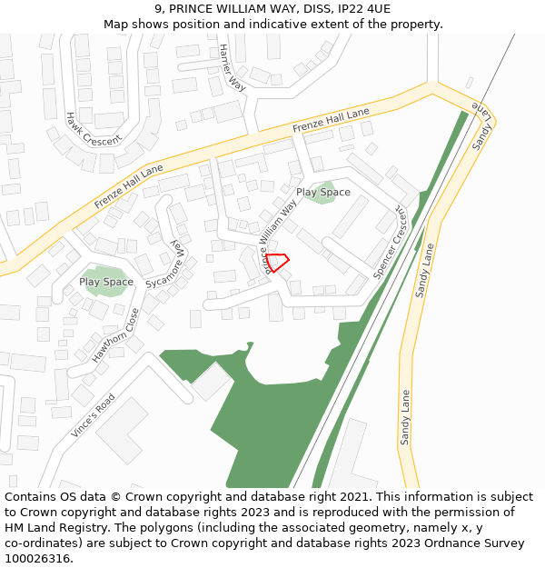 9, PRINCE WILLIAM WAY, DISS, IP22 4UE: Location map and indicative extent of plot
