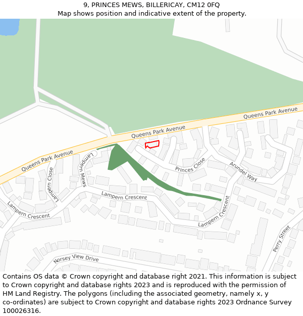 9, PRINCES MEWS, BILLERICAY, CM12 0FQ: Location map and indicative extent of plot