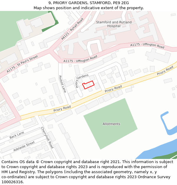 9, PRIORY GARDENS, STAMFORD, PE9 2EG: Location map and indicative extent of plot