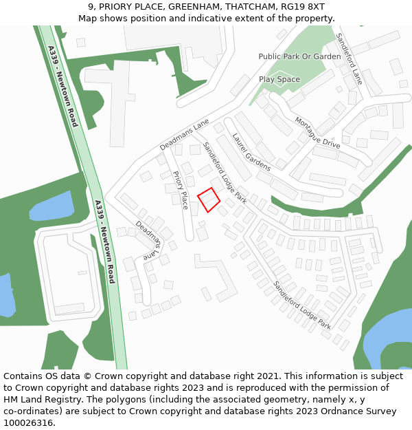9, PRIORY PLACE, GREENHAM, THATCHAM, RG19 8XT: Location map and indicative extent of plot